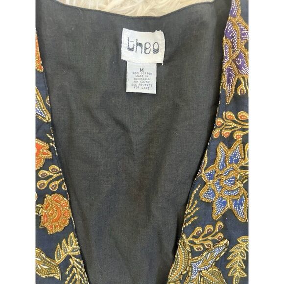 Theo Vintage Whimsical Beaded Floral Bird Three Button Women’s Blue Vest Medium - Picture 5 of 9